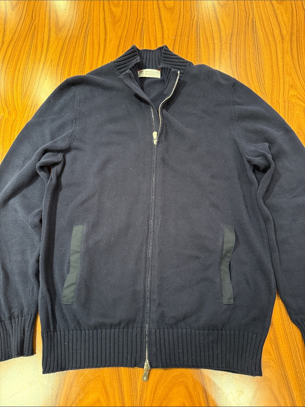 Brunello Cucinelli Dark Navy Zip-Up Knit Cardigan